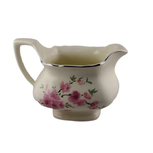 Vintage WS George Gravy Boat Silver Trim Pink Floral Buds Creamer Crazing READ - Picture 2 of 10